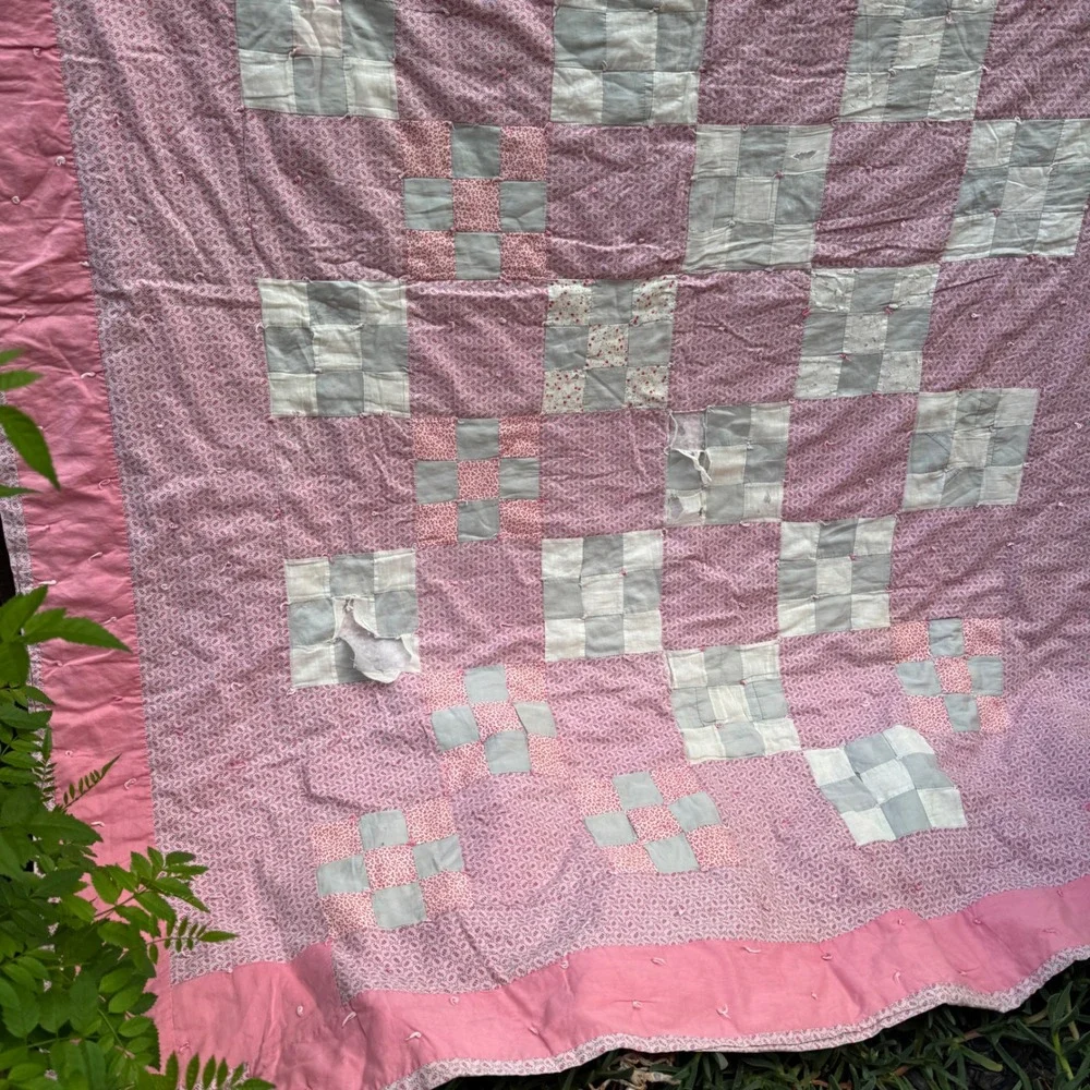 Vintage Handmade Patchwork Quilt Pink Floral Nine Patch Cottagecore Cutter 84x88